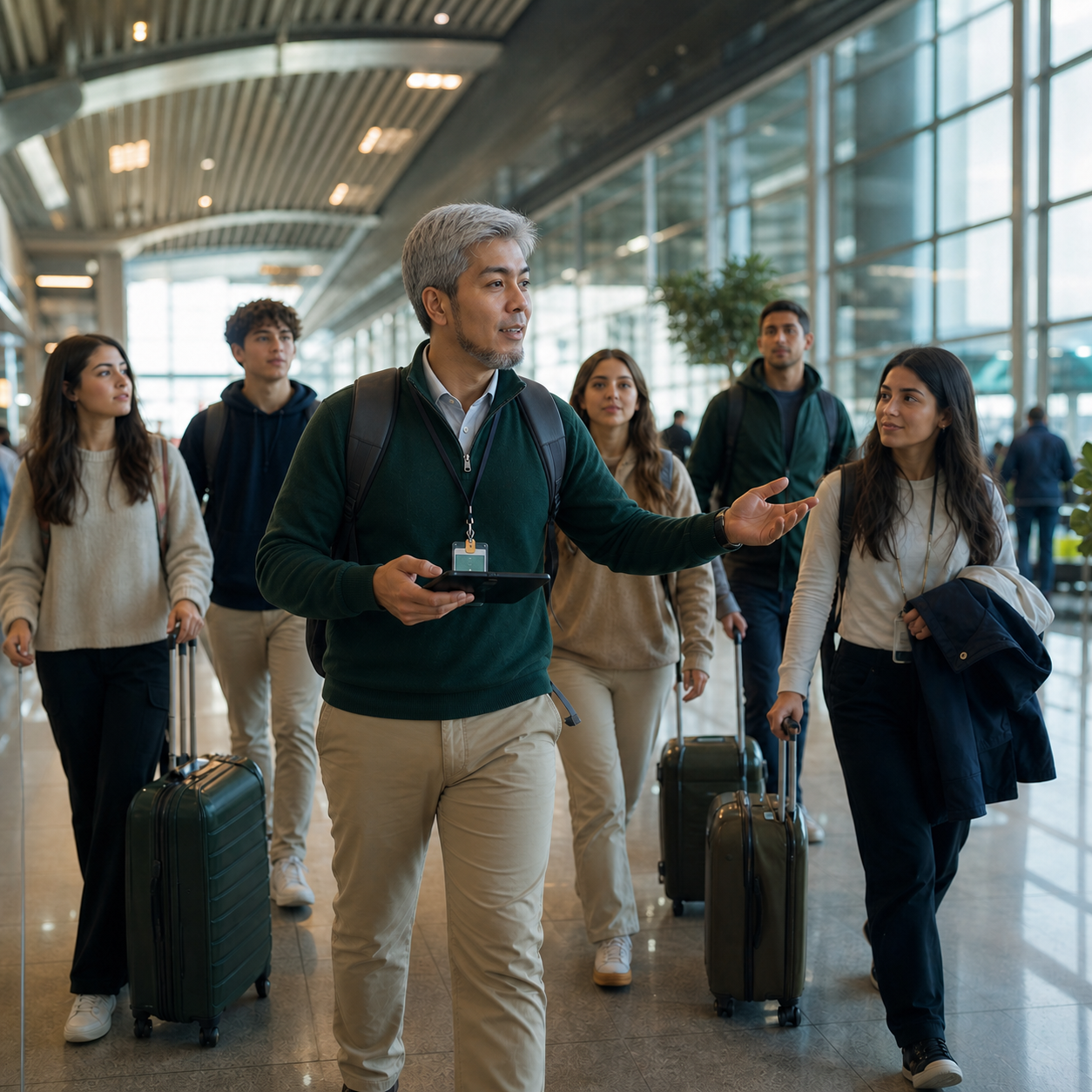 Paulo coordenando uma delegação em aeroporto internacional